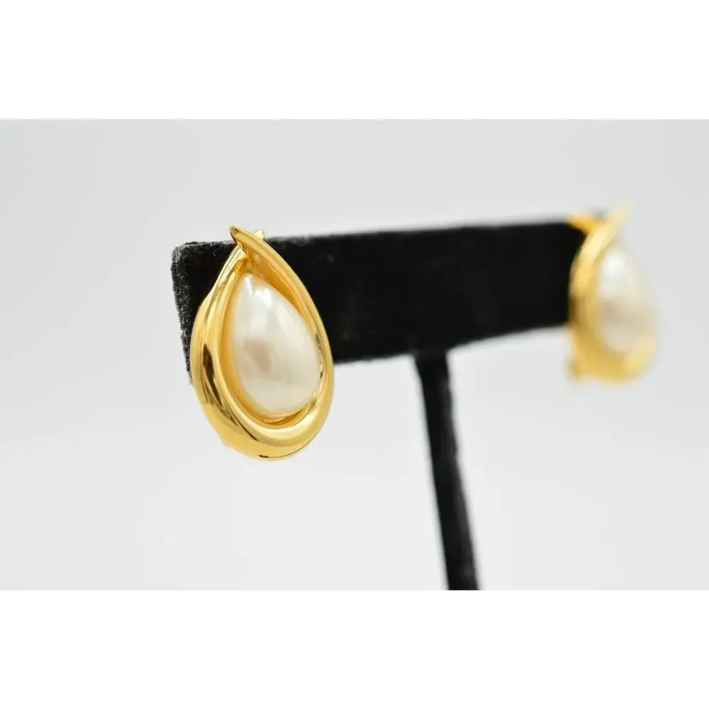 FO Vintage Earrings Clip Pearl Teardrop Gold Fernando Original Signed NOS 80s 9L